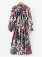 Oasap Round Neck Floral Printed Midi Dress