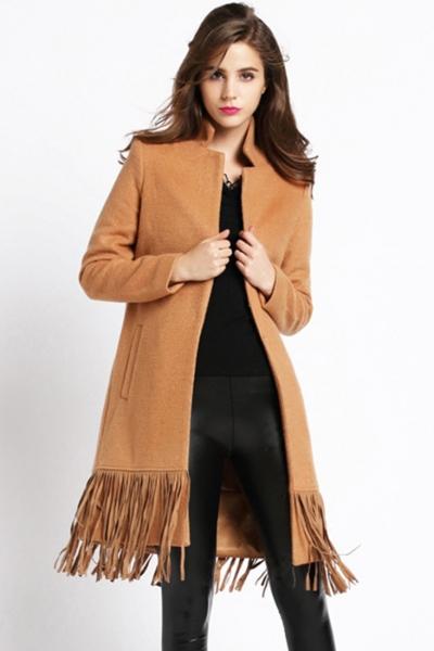 Oasap Fashion Solid Snap-button Fringe Hem Longline Trench Coat