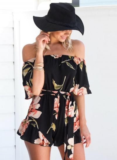 Oasap Slash Neck Short Sleeve Floral Print Romper
