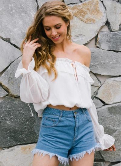 Oasap Off Shoulder Long Sleeve Cropped Chiffon Blouse