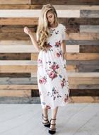 Oasap Slim Round Neck Short Sleeve Floral Print Midi Dress