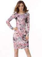 Oasap Round Neck Long Sleeve Floral Printed Slim Fit Dress