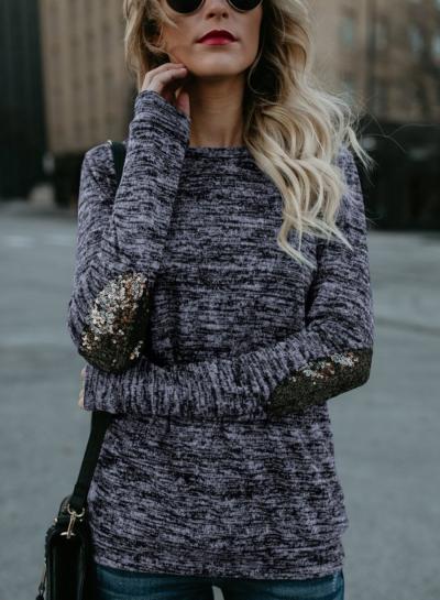 Oasap Round Neck Long Sleeve Sequin Knit Tee Shirt