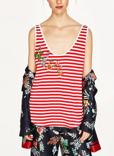 Oasap Floral Embroidery Sleeveless Stripped Tank