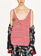 Oasap Floral Embroidery Sleeveless Stripped Tank