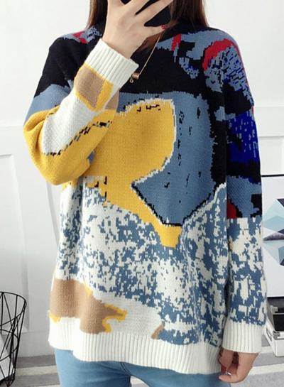 Oasap Fashion Jacquard Weave Loose Fit Knit Sweater