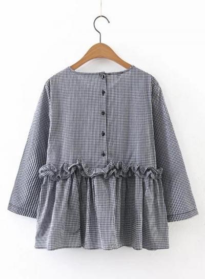 Oasap Round Neck Long Sleeve Plaid Blouse