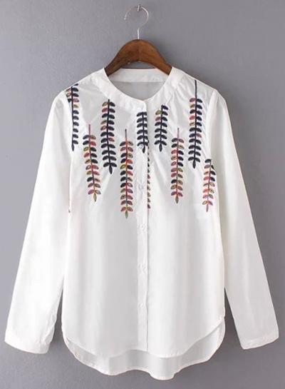 Oasap Stand Collar Embroidery Long Sleeve Shirts