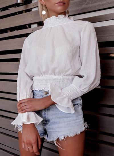 Oasap Solid Color High Neck Flare Sleeve Gathered Waist Blouse