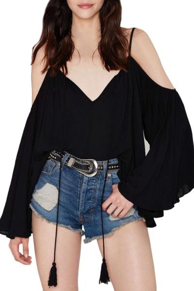 Oasap Women Open Shoulder Deep V Batwing Sleeve Chiffon Blouse