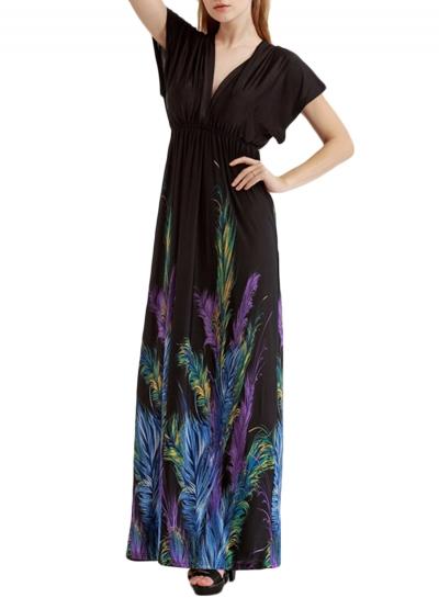 Oasap Women's Fashion V-neck Short Sleeve High Waist Print Prom Maxi Dress