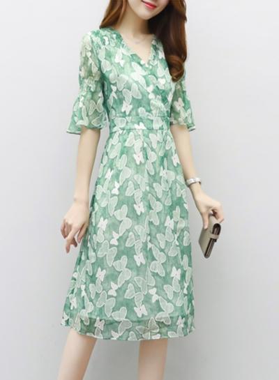 Oasap V Neck Flare Sleeve Printed Slim Dress