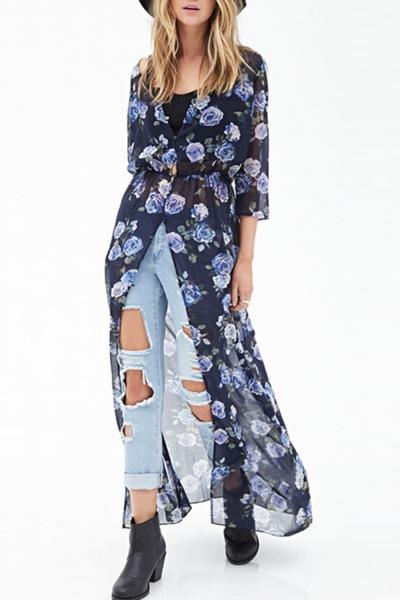 Oasap Chic Floral Print Sheer Chiffon Dress