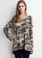 Oasap Round Neck Long Sleeve Off Shoulder Camouflage Printed Tee Shirt