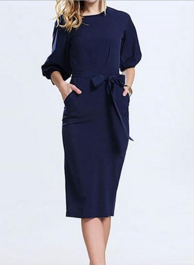 Oasap Round Neck Lantern Sleeve Solid Color Midi Dress
