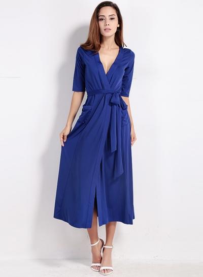 Oasap Solid Color Deep V Neck Half Sleeve High Slit Dress With Pocket