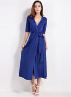 Oasap Solid Color Deep V Neck Half Sleeve High Slit Dress With Pocket