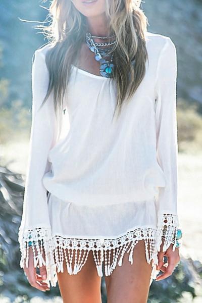 Oasap Fashion Crochet Lace Tassel Keyhole-back Dress