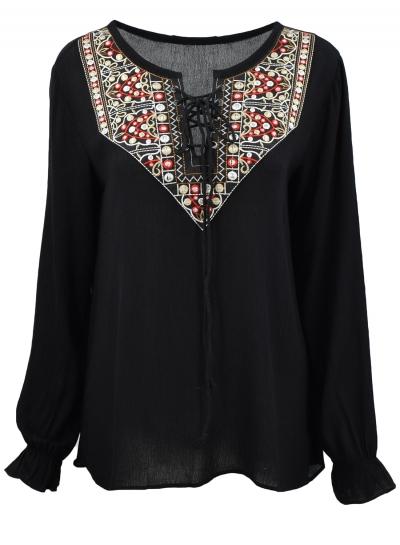 Oasap Women's National Wind Print Lace Up Front Blouse
