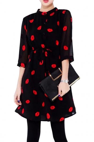 Oasap Graphic Lip Print Black Mini Dress