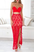 Oasap Hot Hollow Out Sleeveless Lace Red Slit Dress