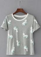 Oasap Floral Embroidery Short Sleeve Pullover Tee