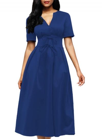 Oasap Split Neck Short Sleeve Midi Dress With Bowknots
