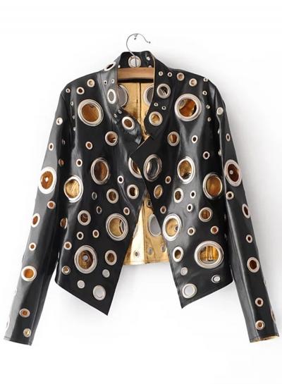 Oasap Pu Leather Stand Collar Long Sleeve Hollow Out Biker Jacket