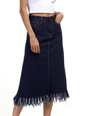 Oasap High Waist Solid Color Fringe A-line Denim Skirt