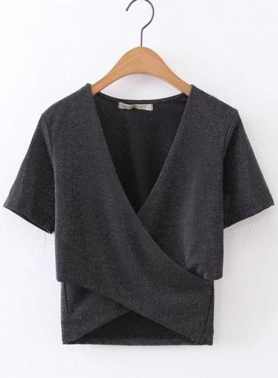 Oasap Simple Silver Lurex V Neck Slim Short Tee Shirt