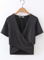 Oasap Simple Silver Lurex V Neck Slim Short Tee Shirt