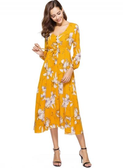 Oasap V Neck Long Sleeve Floarl Printed Dress