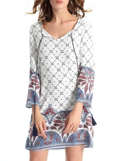 Oasap Women's Casual Tie Neck Long Sleeve Print Shift Dress