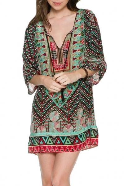 Oasap National Wind Geo-print Lace-up Front Chiffon Dress
