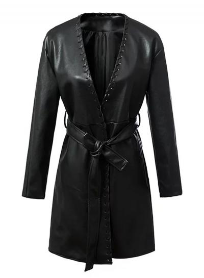 Oasap V Neck Long Sleeve Pu Leather Jacket