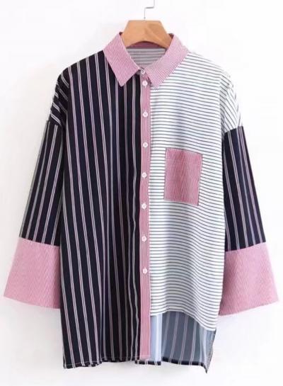 Oasap Turn Down Collar Long Sleeve Striped Shirt