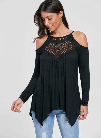 Oasap Round Neck Long Sleeve Solid Color Lace Splicing Tee Shirt
