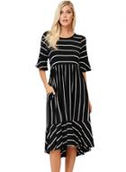 Oasap Round Neck Flare Sleeve Striped Printed Asymmetric Dress