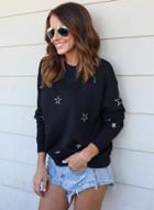 Oasap Round Neck Long Sleeve Stars Embroidery Pullover Sweater
