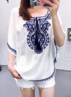 Oasap Batwing Sleeve Embroidery Loose Pullover Blouse