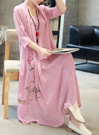 Oasap V Neck Long Sleeve Loose Maxi Dresses
