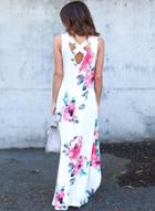 Oasap White Floral Pocketed Holiday Maxi Boho Dress