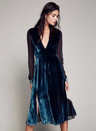 Oasap Deep V Neck Long Sleeve Velvet Party Dress