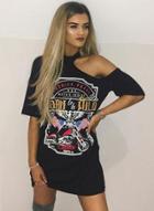 Oasap Off One Shoulder Printed T-shirt Dress