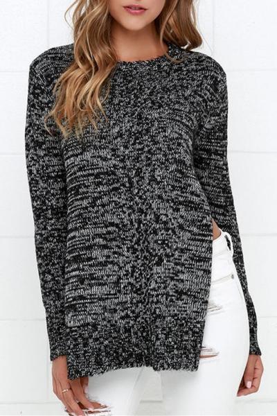 Oasap Heathered Side Slit Round Neck Knit Sweater