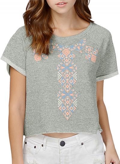 Oasap Women's Grey Round Neck Short Sleeve Geometric Print Tee