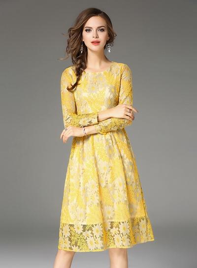 Oasap Long Sleeve Hollow Out Floral Lace Midi Dress