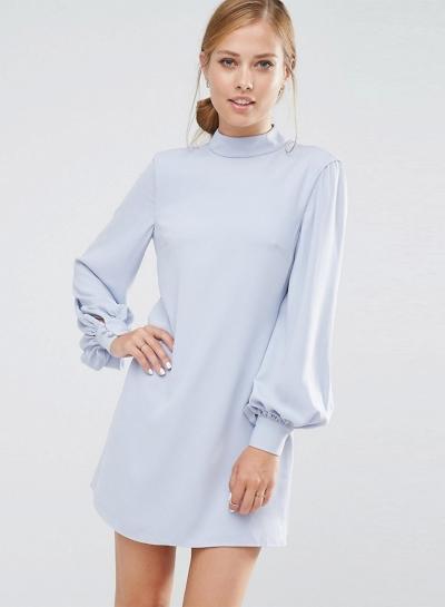 Oasap Stand Collar Lantern Sleeve Solid Color Dress
