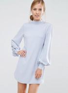 Oasap Stand Collar Lantern Sleeve Solid Color Dress