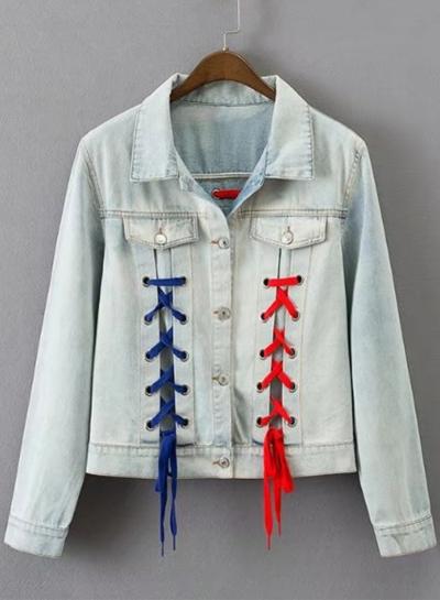 Oasap Turn Down Collar Lace Up Denim Coat